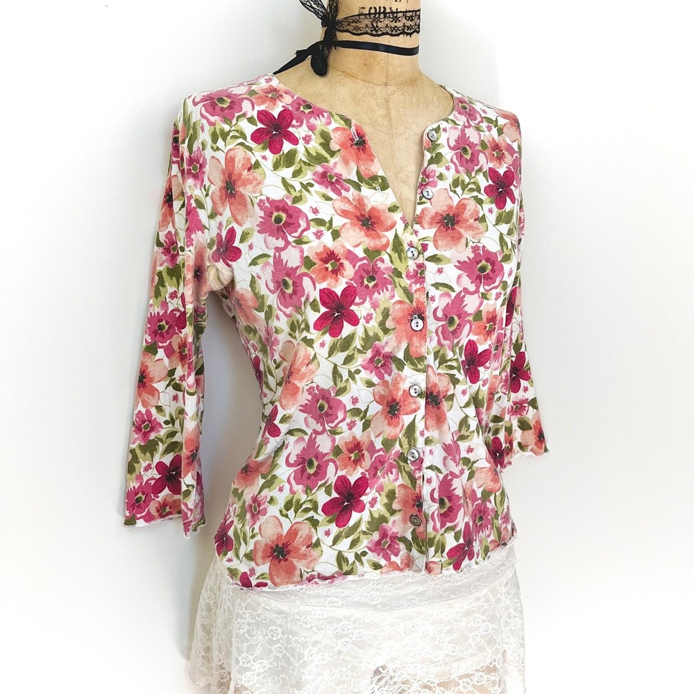 Floral‎ Cardigan Womens S Button Up Lettuce Edge Chic Dainty Coquette Garden